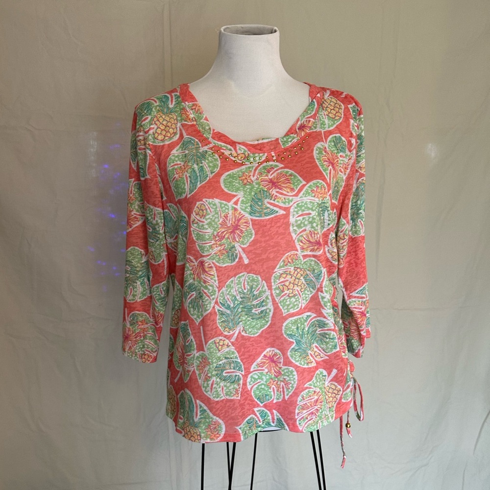 hearts of palm Coral Tropical Leaf Print Blouse large lightweight pineapples